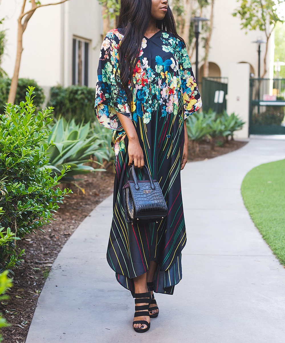 winlar Women's Maxi Dresses BLACK - Black Floral Caftan - Women | Zulily