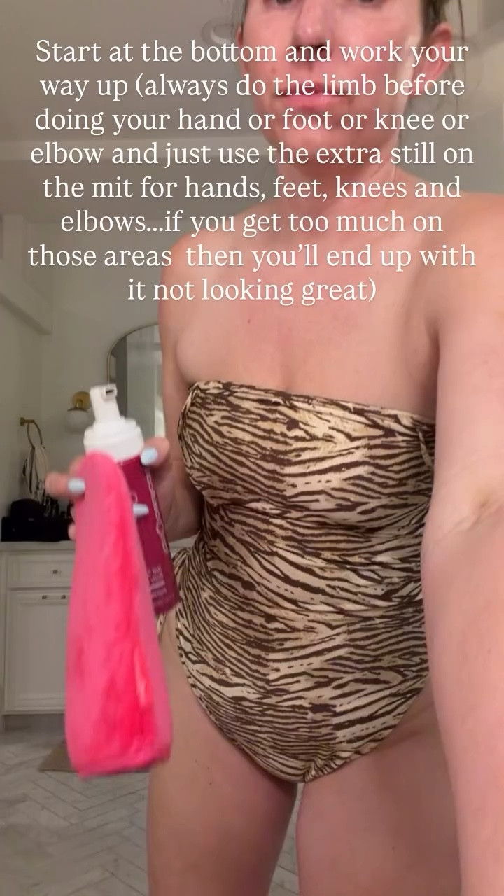 Start at the bottom and work your way up (always do the limb before doing your hand or foot or knee or elbow and just use the extra still on the mit for hands, feet, knees and elbows…..if you get too much on those areas  then you’ll end up with it not looking great)