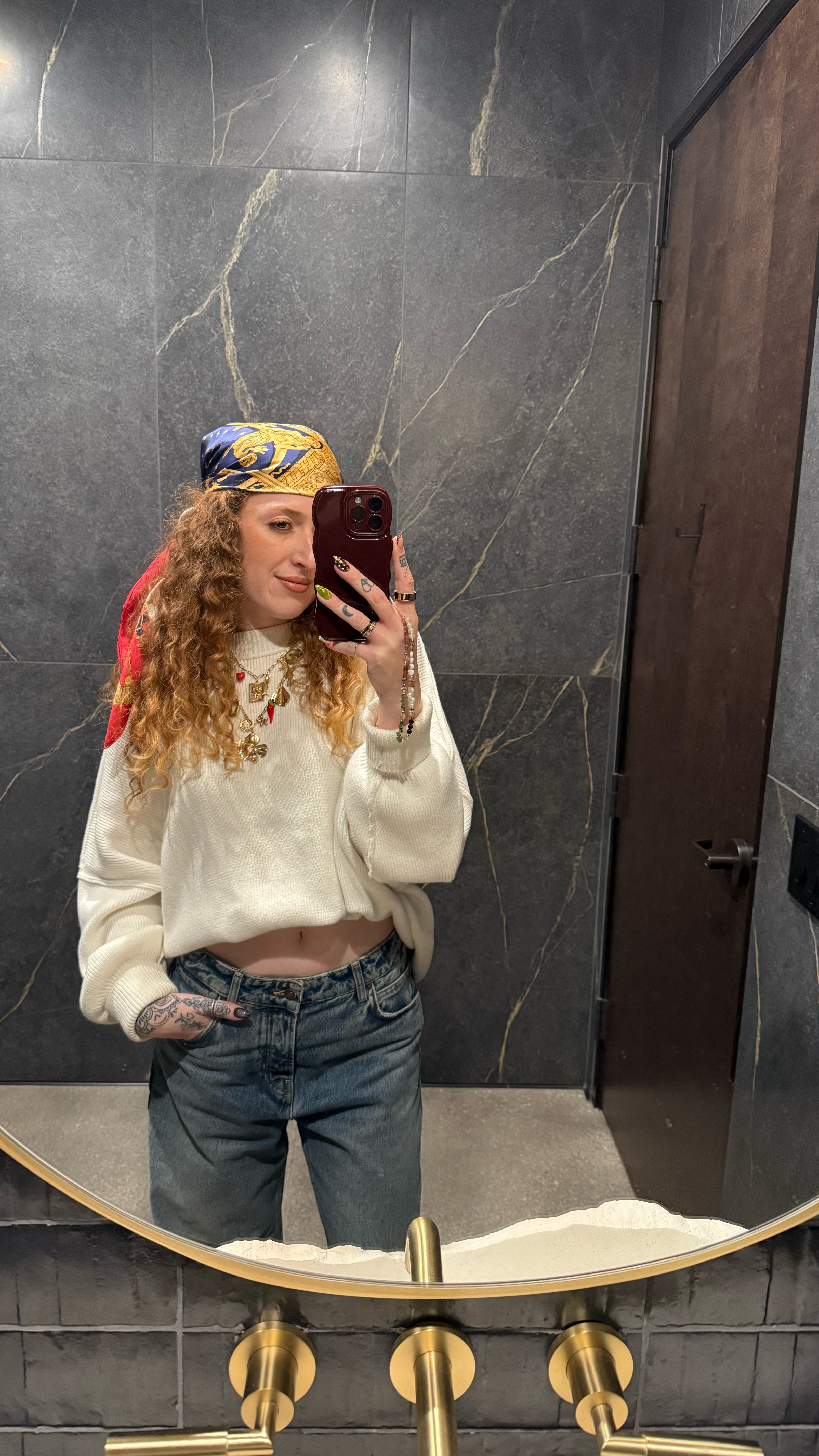 Head scarf, barrel jeans, free people sweater

#LTKStyleTip #LTKSeasonal #LTKFestival
