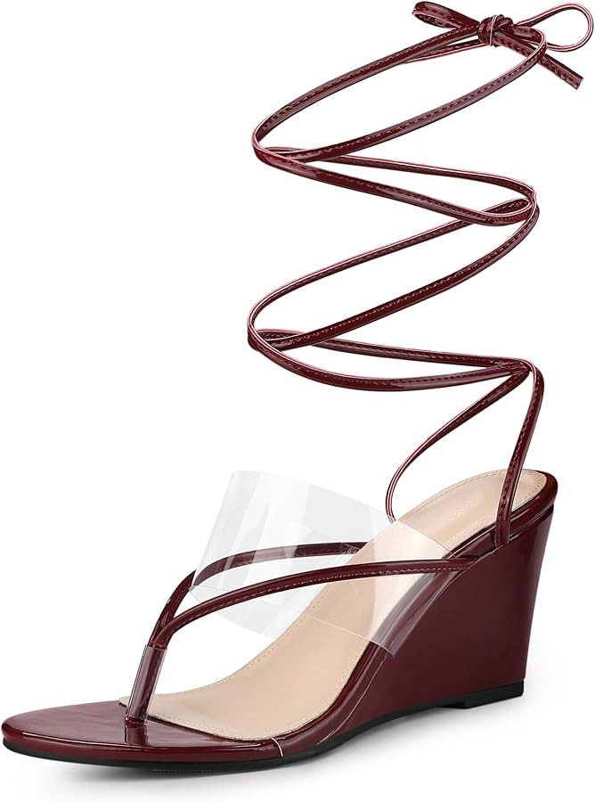 Allegra K Women's Lace Up Clear Strap Flip Flops Wedge Sandals | Amazon (US)