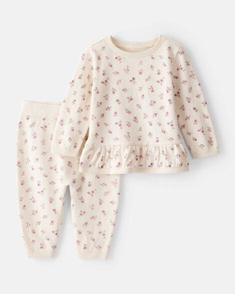 Baby Girl Floral Cotton Long-Sleeve Tee & Pant Set - White | Carter's Inc