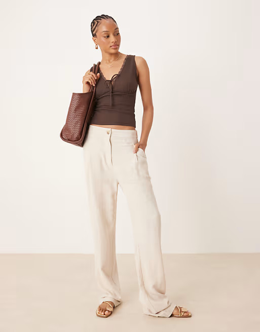 ASOS DESIGN Tall pleat front tapered linen blend pants in stone | ASOS (Global)