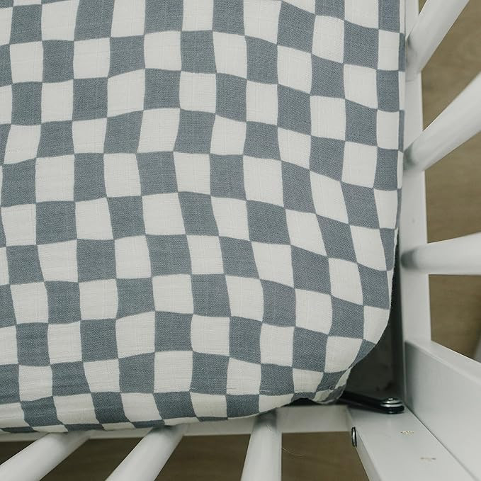 Dusty Blue Wavy Checkered Muslin Crib Sheet by Mebie Baby, Soft and Breathable Bed Sheets for Bab... | Amazon (US)