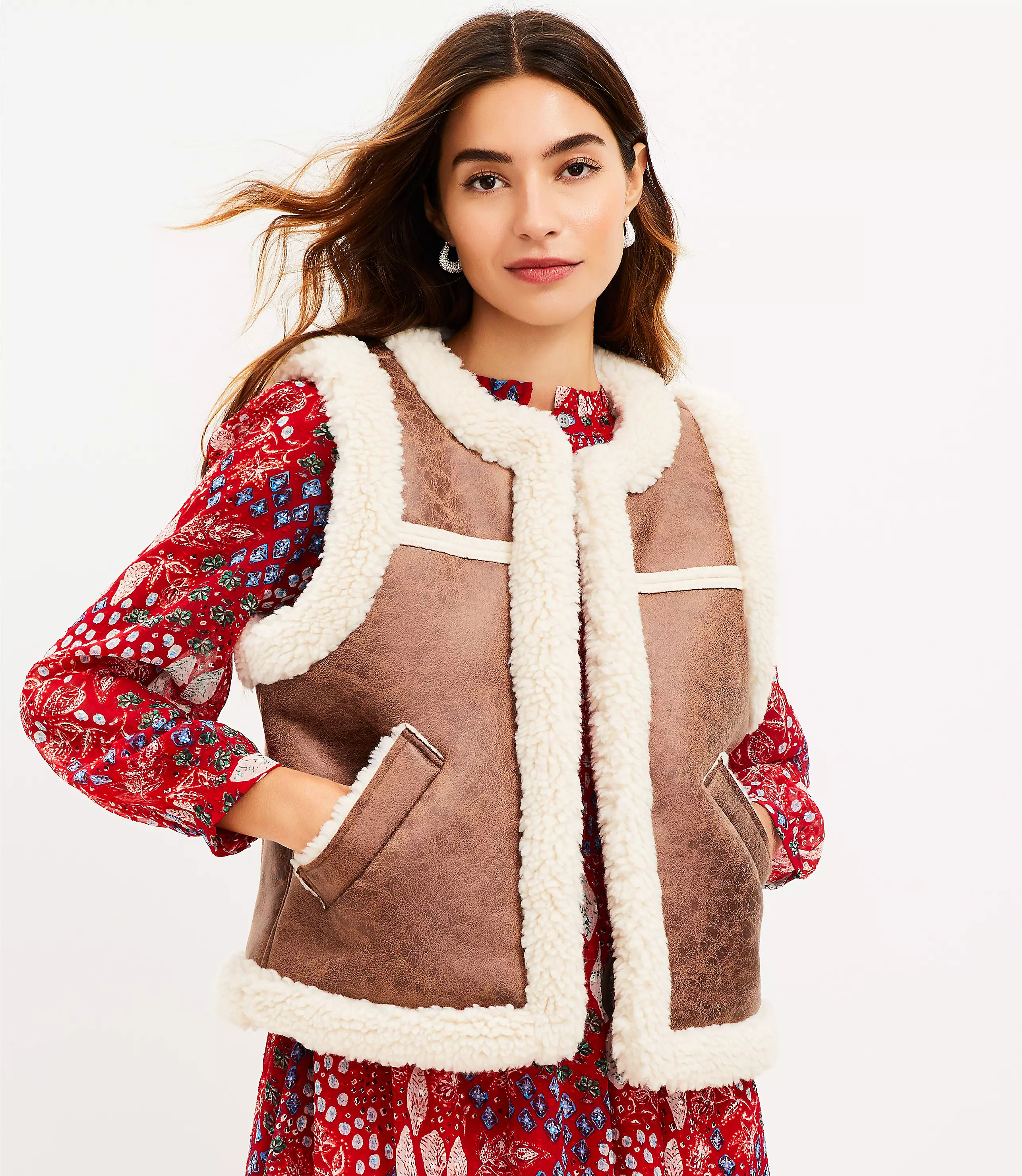 Crackle Faux Leather Shearling Pocket Vest | LOFT