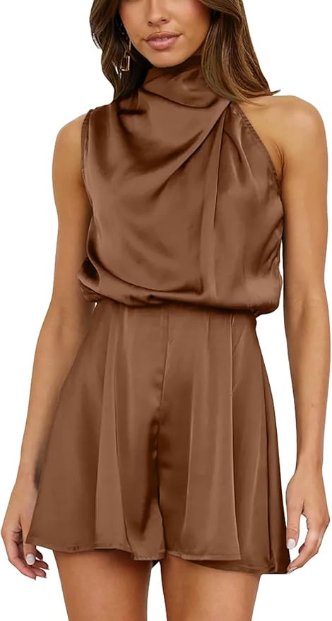 GOBLES Women's Sexy Sleeveless Mock Neck Summer Romper Elastic Waist Satin Shorts | Amazon (US)