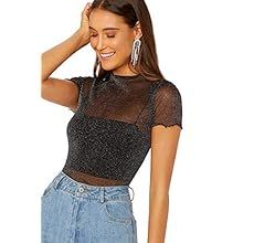GORGLITTER Women's Mesh Glitter Tops Short Sleeve Sparkly See Through Sheer T Shirt Clubwear Tee ... | Amazon (US)