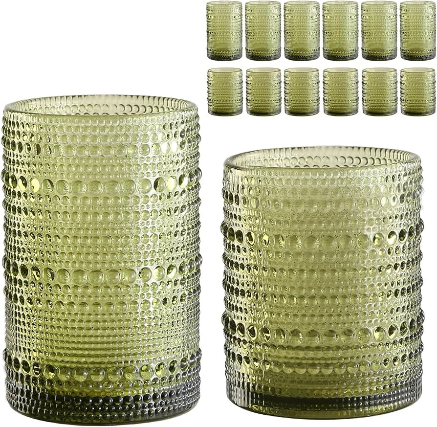 Vintage Glassware Drinking Glasses Set of 12,Green 12oz & 15oz Hobnail Glass Cups,Embossed Water ... | Amazon (US)