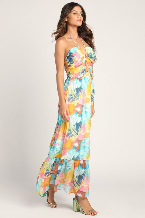 Stunning One Multi Abstract Print Drawstring Halter Maxi Dress | Lulus