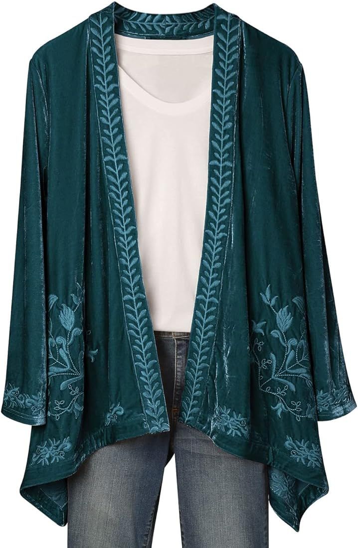 FLORIANA Womens Floral Embroidered Velvet Kimono - Boho Open Front Cardigan | Amazon (US)