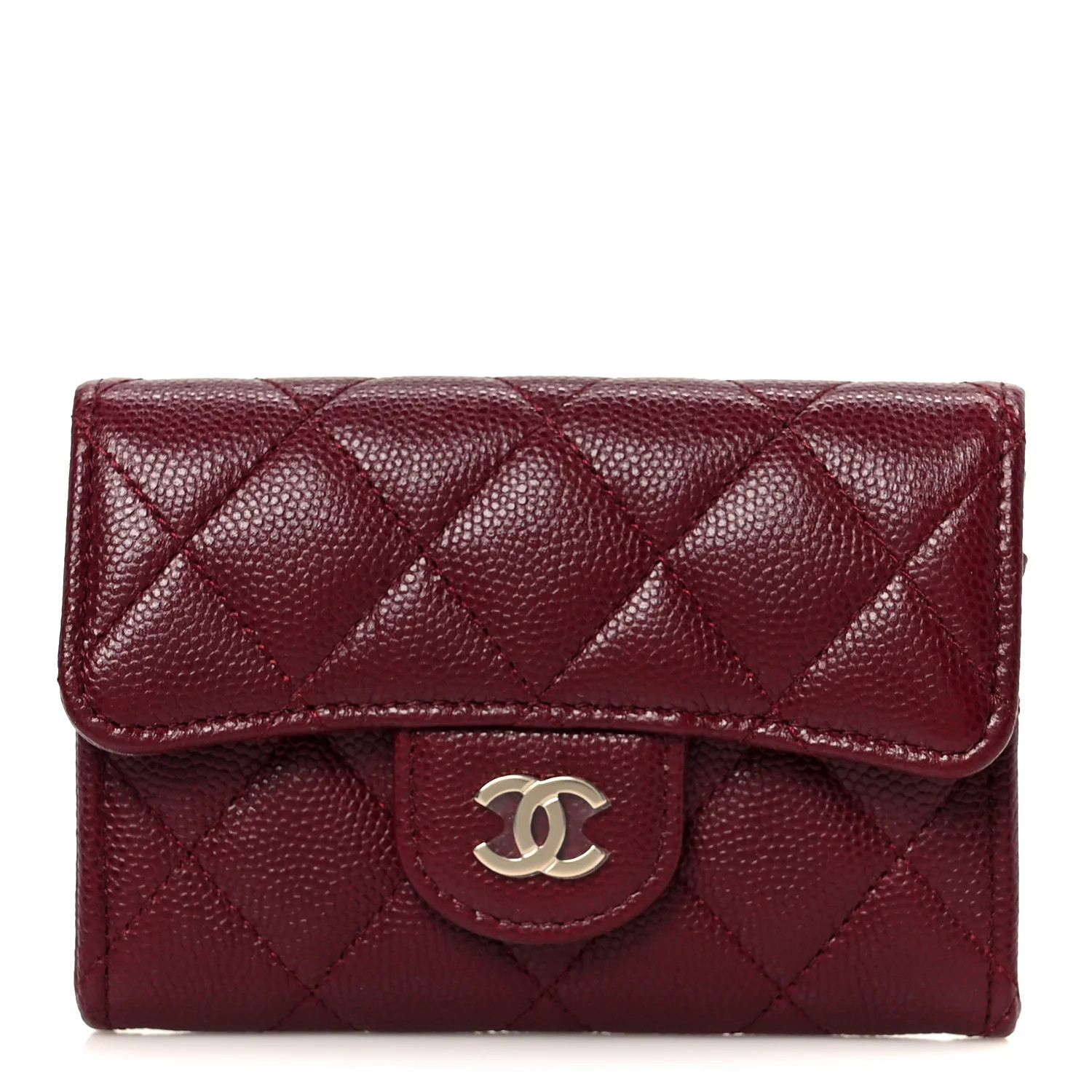 Caviar Quilted Flap Card Holder Wallet Burgundy | FASHIONPHILE (US)