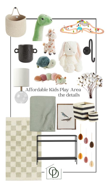 An affordable play space design. Making a play space in your living room or family room is a great way to keep your child close but provide them with their own area to play in. Checkered area rug, metal console table, green waffled blanket, woven hanging storage baskets, black wall hooks, glass mini table lamp, vintage bird art, printable art, black vase, faux stems, Easter decor, paper Easter ornaments, black and white striped storage baskets, toy bunny, classic bunny stuffed animal, dinosaur stuffy, wood train set

#LTKFind #LTKkids #LTKhome