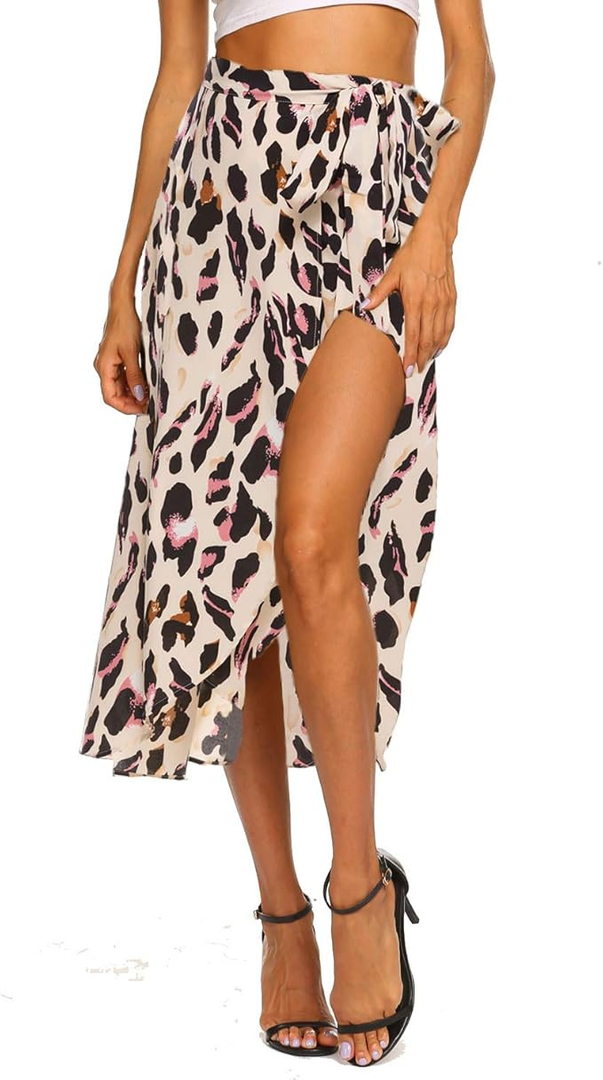Newchoice Women's Boho Leopard Skirt High Low Split Summer Beach Midi Wrap Skirts | Amazon (US)