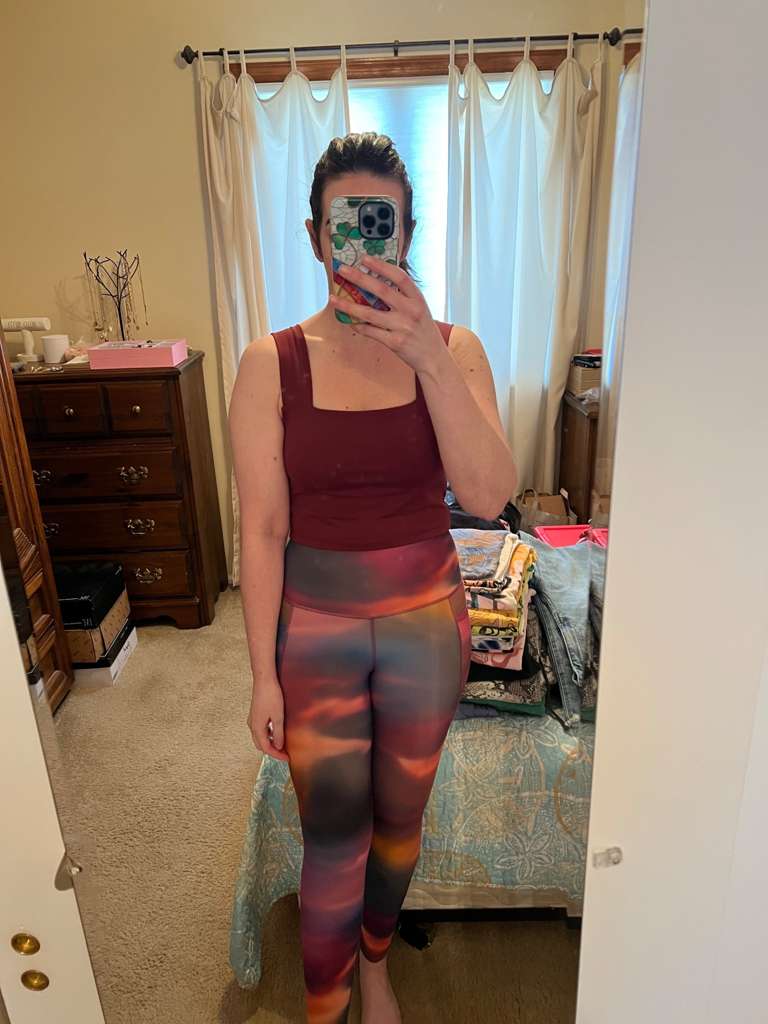 Burgundy workout top (m). Burgundy multicolor workout leggings (s). #fitnessgear #activewear #workouttop #bungundytop #multicolorleggings #workoutleggings #pilatessocks #pilatesgripsocks #pilatesoutfit 

#LTKootd #LTKfitnessgoals #LTKActive