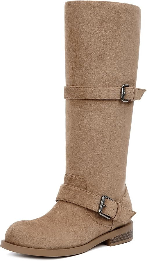Double Buckle Knee High Boots for Women Vintage Flat Riding Tall Boots | Amazon (US)