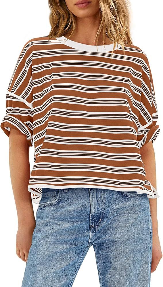 LAMISSCHE Womens Striped Shirt Short Sleeve Tops Summer Oversized Tshirts Boxy Tee Shirts Loose F... | Amazon (US)