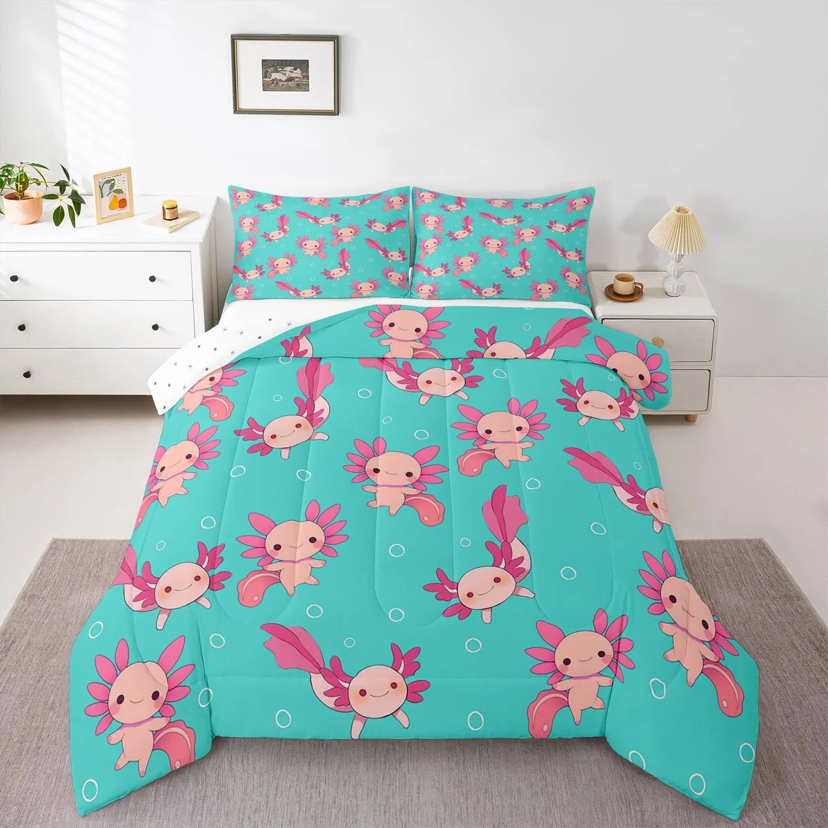Homewish Cute Cartoon Axolotl Bedding Comforter Set,Underwater Animal Twin Comforter Sets,Pink Bl... | Walmart (US)