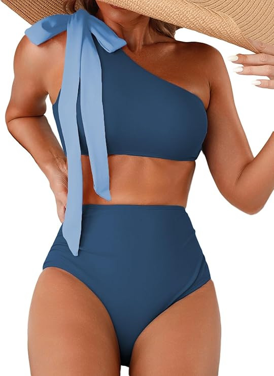 Herseas Women's One Bow Shoulder Bikini Sets 2 Piece Ruched Swimsuit Elegant Bathing Suit | Amazon (US)