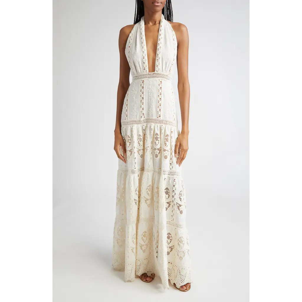 Johanna Ortiz Luz Embroidered Halter Maxi Dress in Ecru at Nordstrom, Size 8 | Nordstrom
