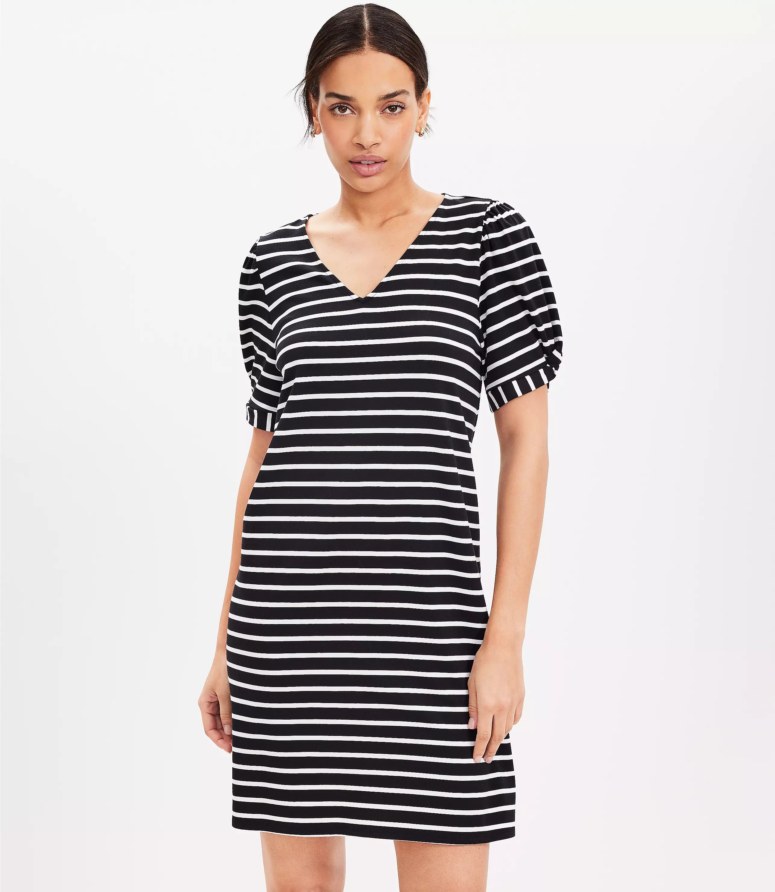 Petite Striped Puff Sleeve V-Neck Swing Dress | LOFT