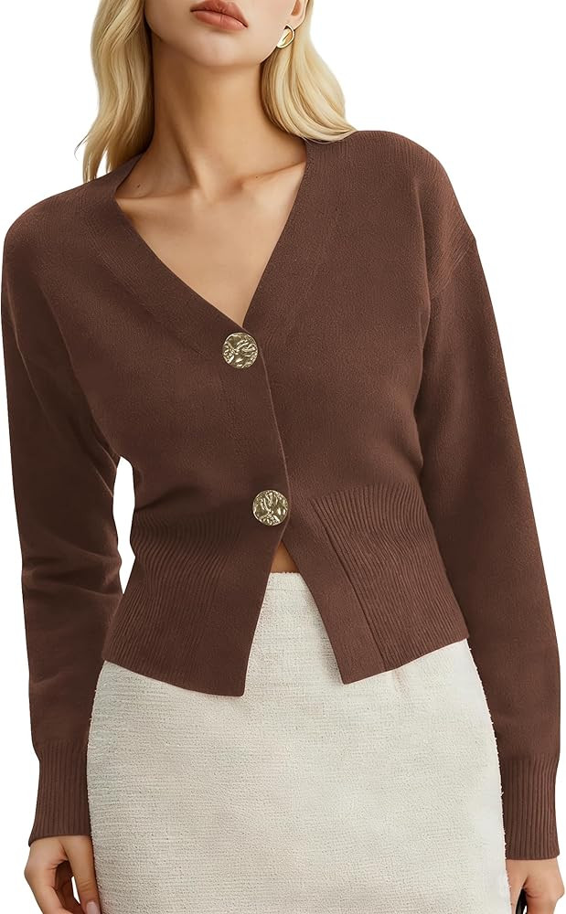 Women V Neck Cropped Cardigan Sweaters Fitted Long Sleeve Fall Button Up Chunky Knit Cardigans Sh... | Amazon (US)