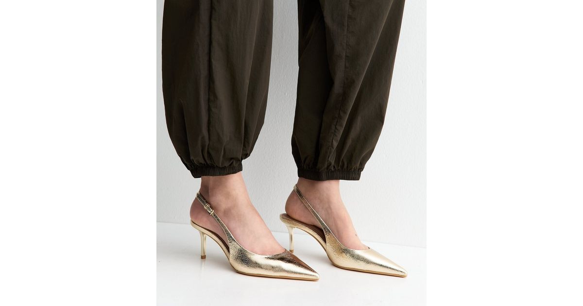 Gold Faux Leather Pointed Toe Slingback Pumps | New Look | New Look (UK)