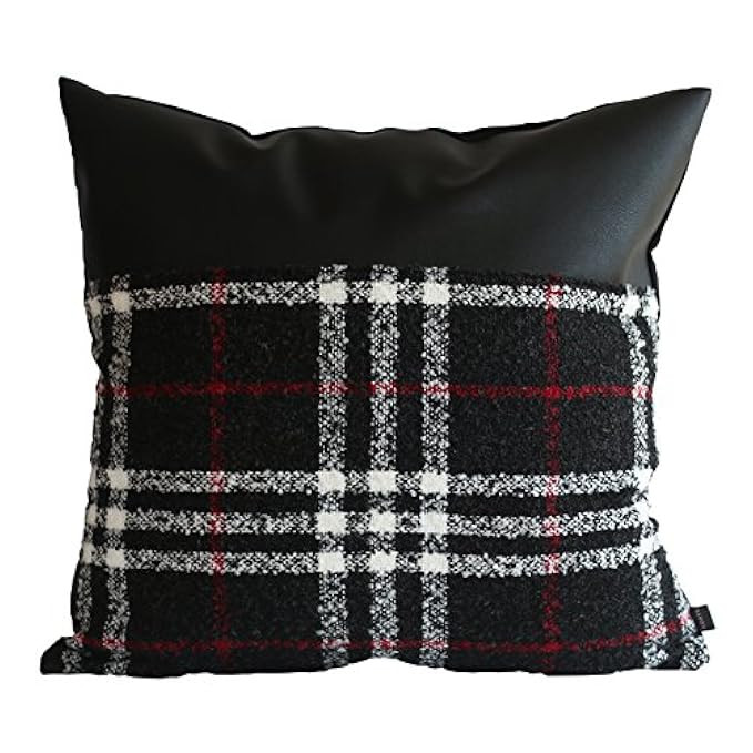 Kdays Tartan Black Check Pillow Cover Designer Modern Throw Pillow Cover Decorative Faux Leather Pil | Amazon (US)