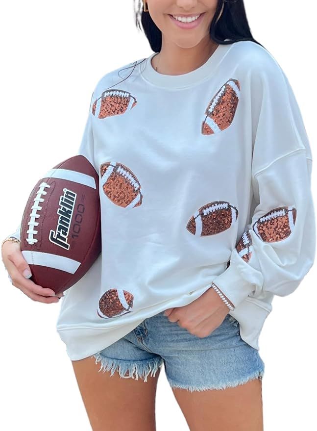 ChiyeeKiss Womens Sparkle Football Sequin Rugby Sweatshirt Game Day Y2K Crewneck Oversized Shirt ... | Amazon (US)