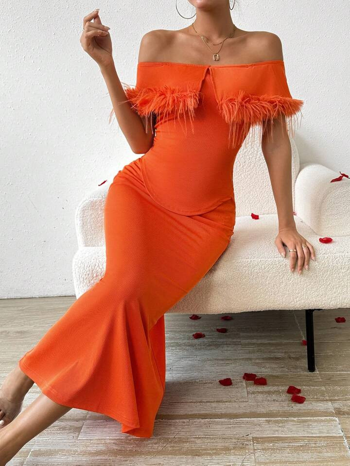 SHEIN Privé Fuzzy Decorated Hollow Out Top And Mermaid Hem Skirt Set With Fold Detail | SHEIN