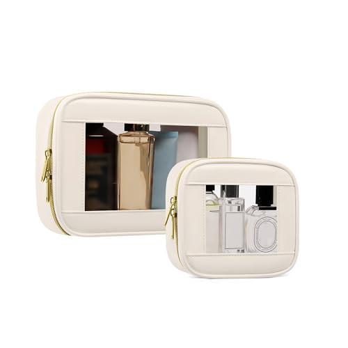 JRQCSJY 2-Piece Leather Clear Makeup Bags Set - Waterproof Clear Cosmetic Bag Case with Zipper, Transparent TSA Approved Toiletry Bag for Travel, Car Accessories for Women (Beige-2, Mini+Medium) | Amazon (US)