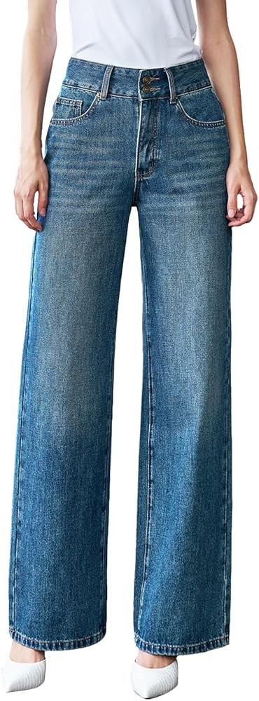 Women’s High Waisted Baggy Jeans – Stretchy Wide Leg Tummy Control Straight Leg Denim Pants T... | Amazon (US)