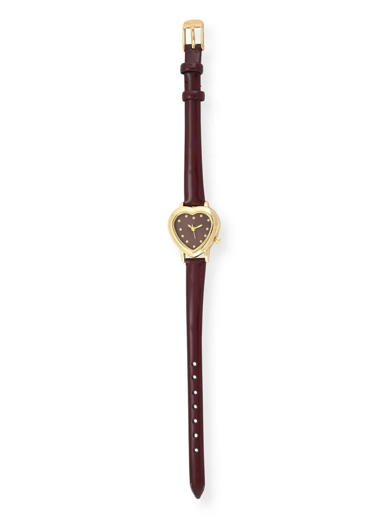 NOBO Ladies Goldtone Heart Shaped Case with Burgundy Pattened Strap Watch | Walmart (US)