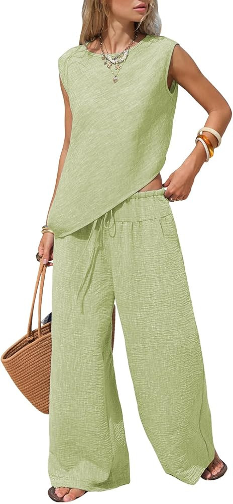 EXLURA Womens Summer Two Piece Sets Cotton Asymmetrical Tank Tops Wide Leg Pants Set Faux Linen B... | Amazon (US)