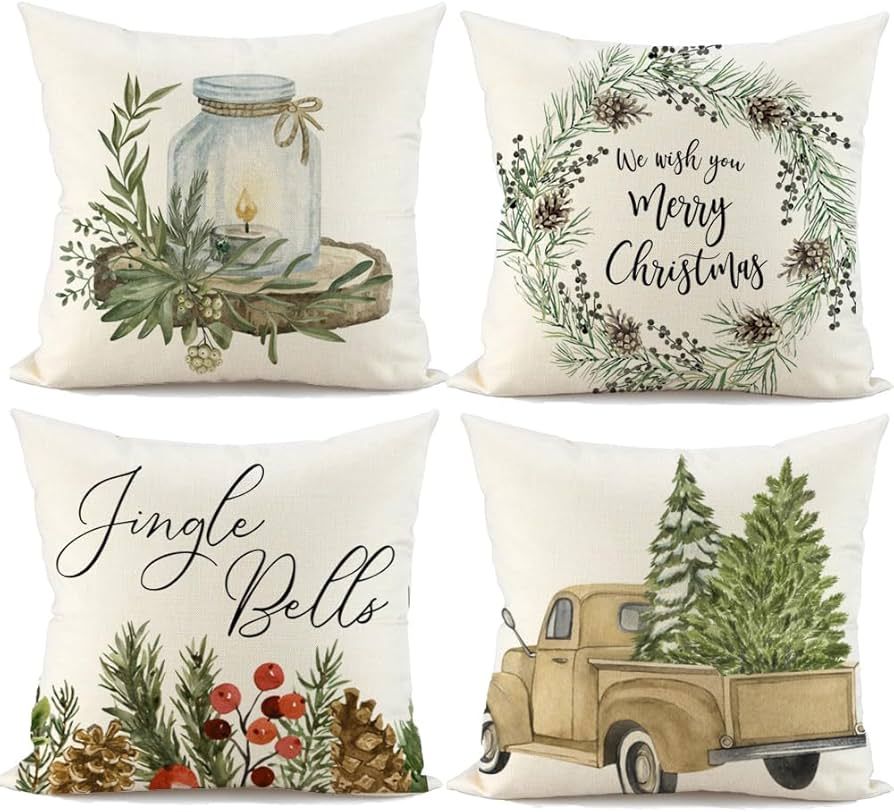 FIBEROMANCE Christmas Pillow Covers 18x18 inch Set of 4 Christmas Tree Farm Truck Candi Farmhouse... | Amazon (US)