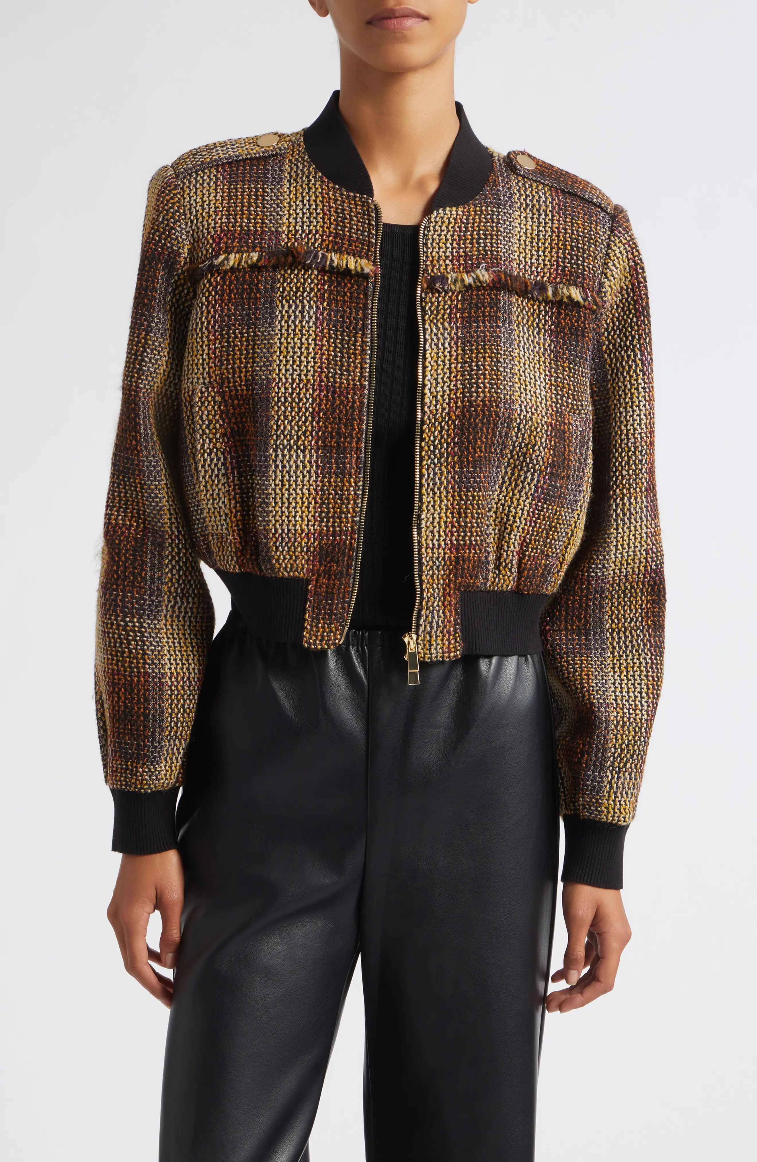 Toccin Pierce Fringe Detail Tweed Bomber Jacket in Fig Multi at Nordstrom, Size 10 | Nordstrom