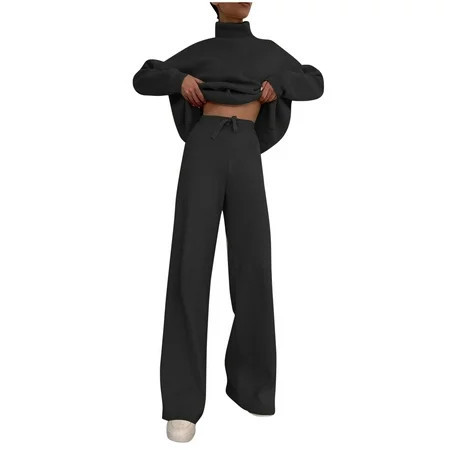 QUYUON 2 Piece Sweatsuits for Women Clearance High Neck Long Sleeve Pullover Sweater High Waist Long Pants Sets Solid Color Sweat Sets Two Piece Outfits Tracksuit Black S | Walmart (US)