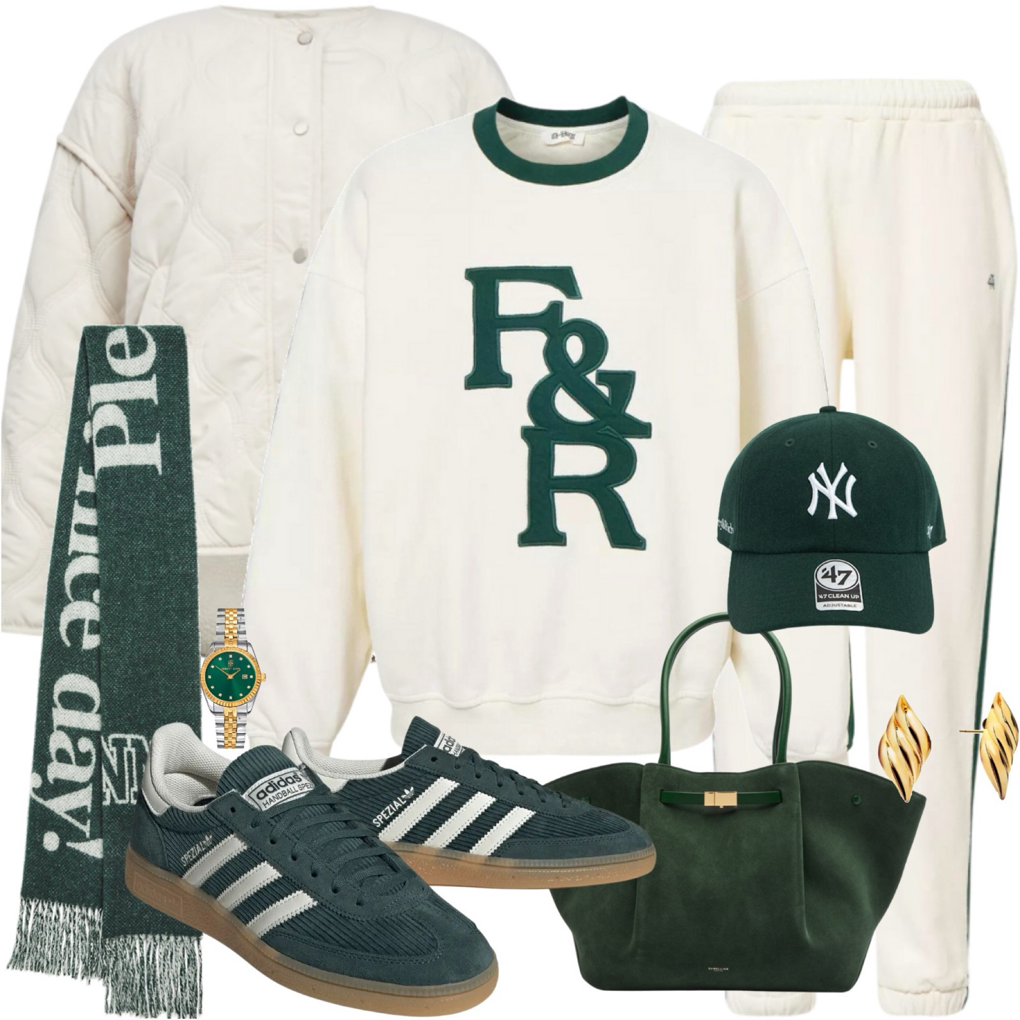 Comfy casual winter outfit-
Quilted jacket, Logo sweatshirt & matching joggers, Adidas Spezial trainers, Yankee baseball cap, Demellier tote bag, Ganni scarf and gold earrings. 
🏷️Green outfit, casual style, winter outfit, athleisure wear, everyday style.

#LTKwinter #LTKeurope #LTKstyletip