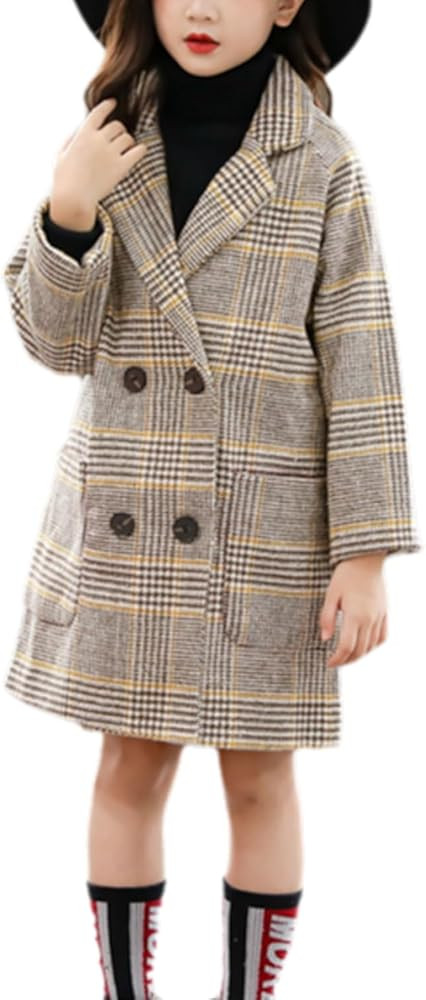 Boys Girls Winter Pea Coat Dress Coats Notched Lapel Collar Double Breasted Plaid Over Coats Long... | Amazon (US)