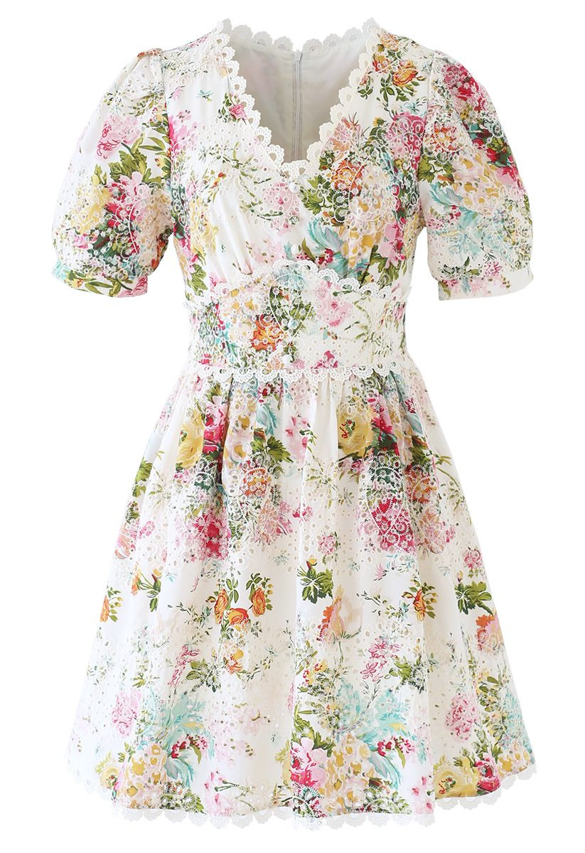 Vivid Flower Buttoned Crochet Embroidered Dress | Chicwish