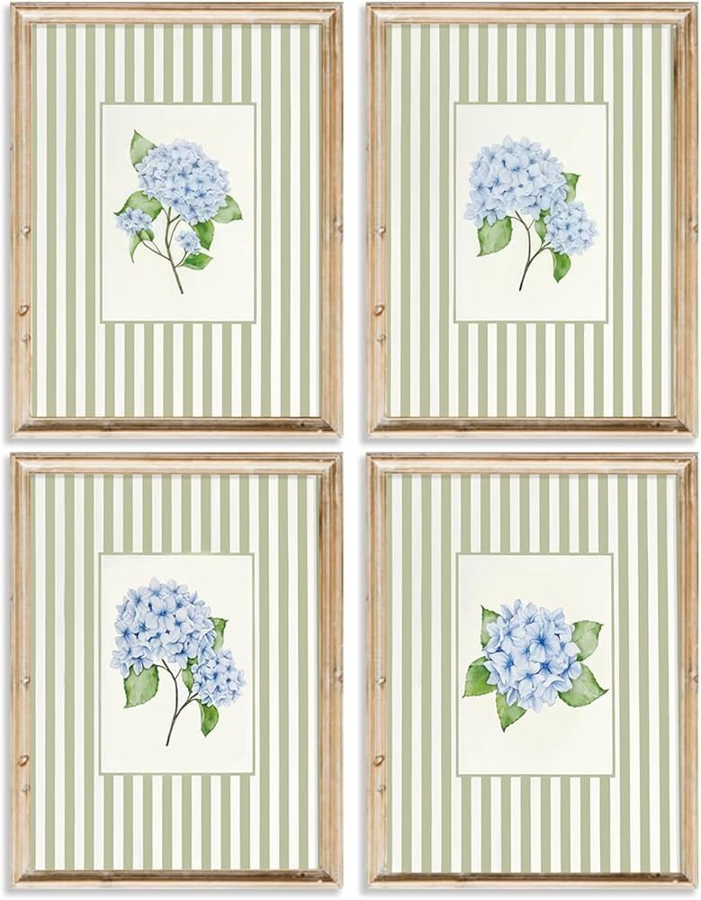 Blue Hydrangea Wall Art Sage Green Striped Rustic Farmhouse Floral Pictures Wall Decor French Cou... | Amazon (US)
