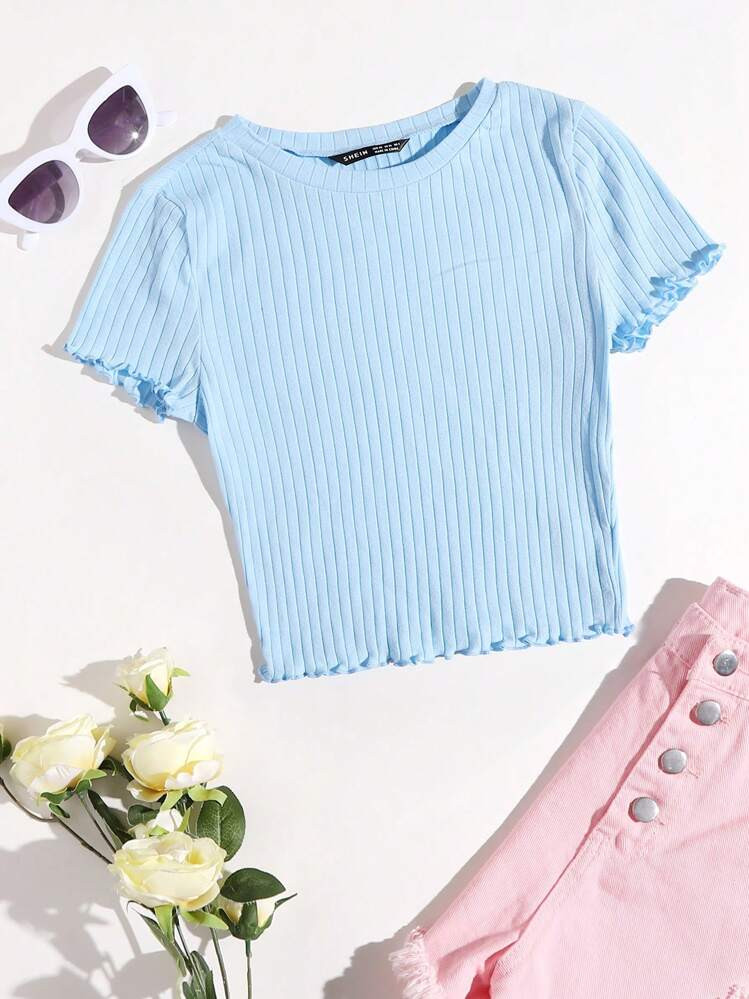 SHEIN EZwear Solid Lettuce Trim Rib-knit Tee | SHEIN