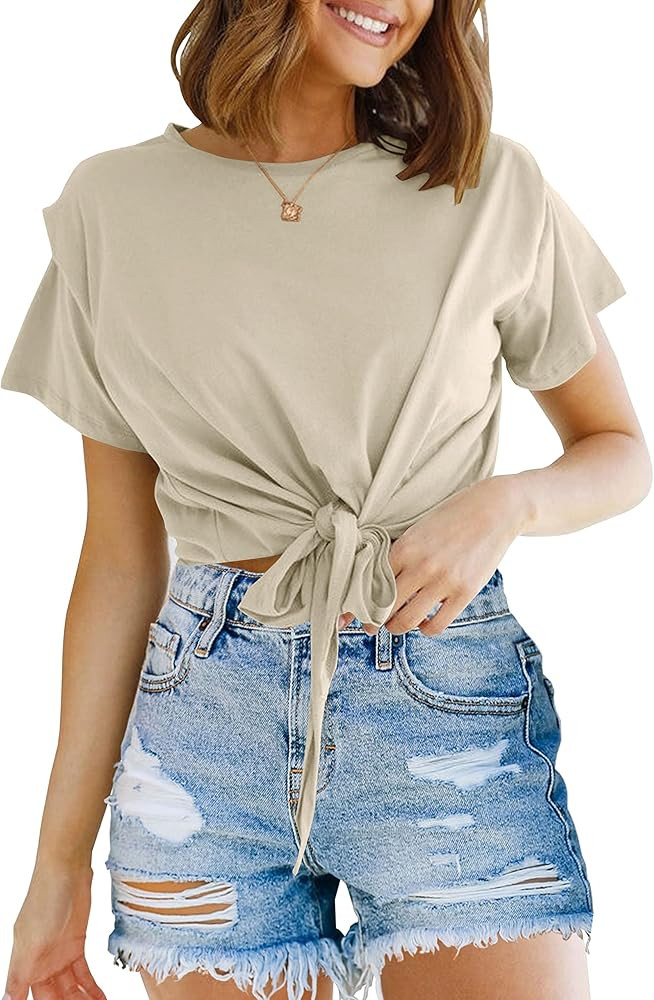 TECREW Womens Casual Short Sleeve Tie Front Tops Crew Neck Summer Solid Crop Top T-Shirt | Amazon (US)