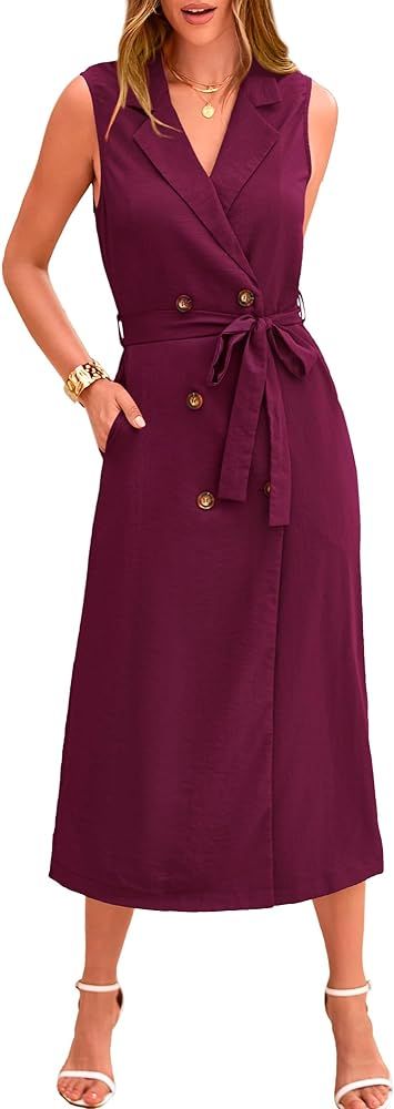 BTFBM Casual Business Dress 2024 Summer Work Office Lapel V Neck Slit Belted Sleeveless Button Do... | Amazon (US)