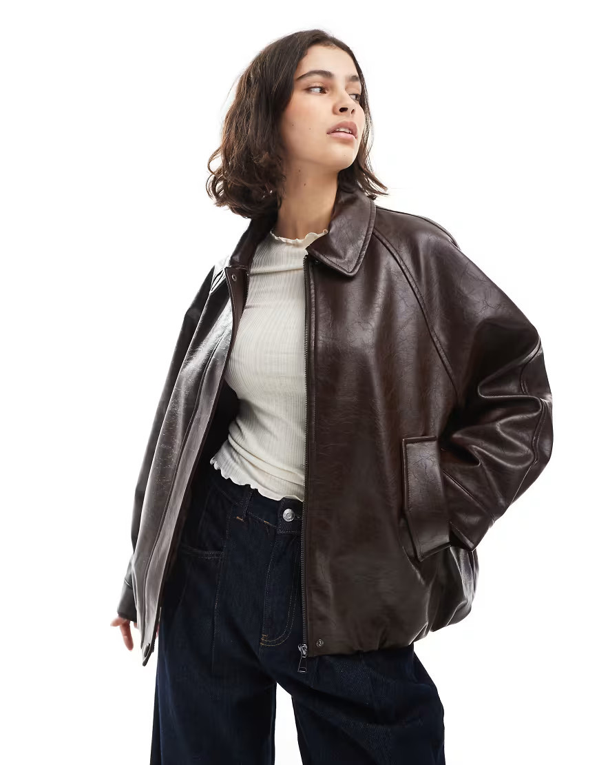 ASOS DESIGN leather look oversized bomber jacket in chocolate-Brown | ASOS (Global)