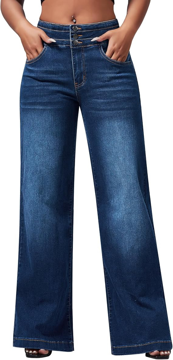 roswear Women's Wide Leg Jeans Casual High Waisted Stretch Baggy Loose Denim Pants | Amazon (US)
