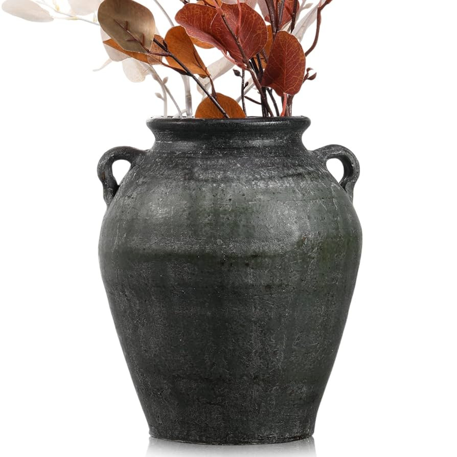 Christmas Norfolk Pine Branches Ceramic Vase with 2 Handles 11 Inch Tall Terracotta Rustic Vintag... | Amazon (US)