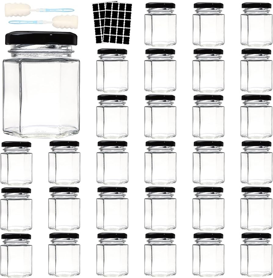 Comrzor 3 OZ Mini Hexagon Glass Jars, 30 Pack Empty Honey Jars Small Spice Jars with Black Lids, ... | Amazon (US)