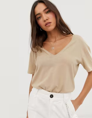 Stradivarius v neck t shirt in beige | ASOS (Global)