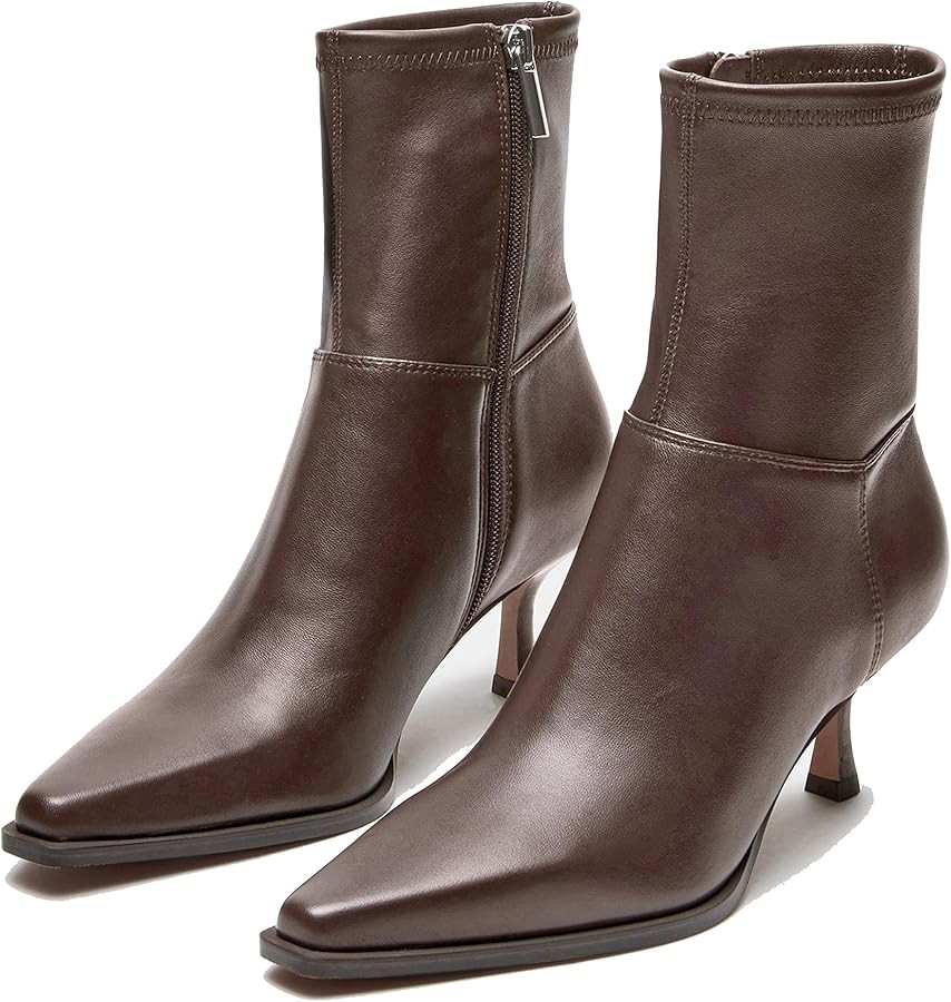 Womens Brown Suede Fall Boots with Side Zip, Ankle, Mid Calf, Pointed Toe, Kitten Heel, Dressy, S... | Amazon (US)