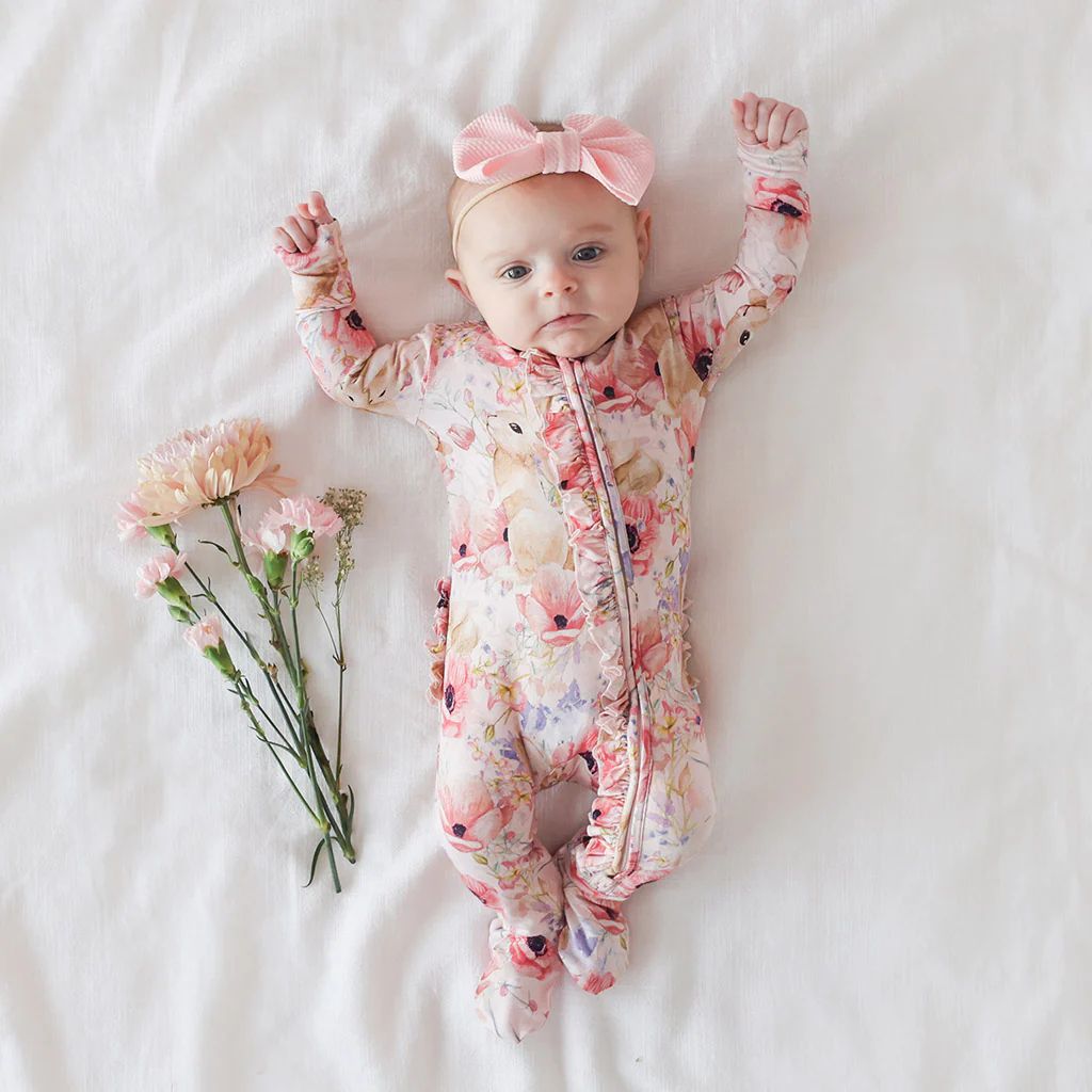 Bunny Floral Pink Baby Girl Sleeper | Everly Rose | Posh Peanut