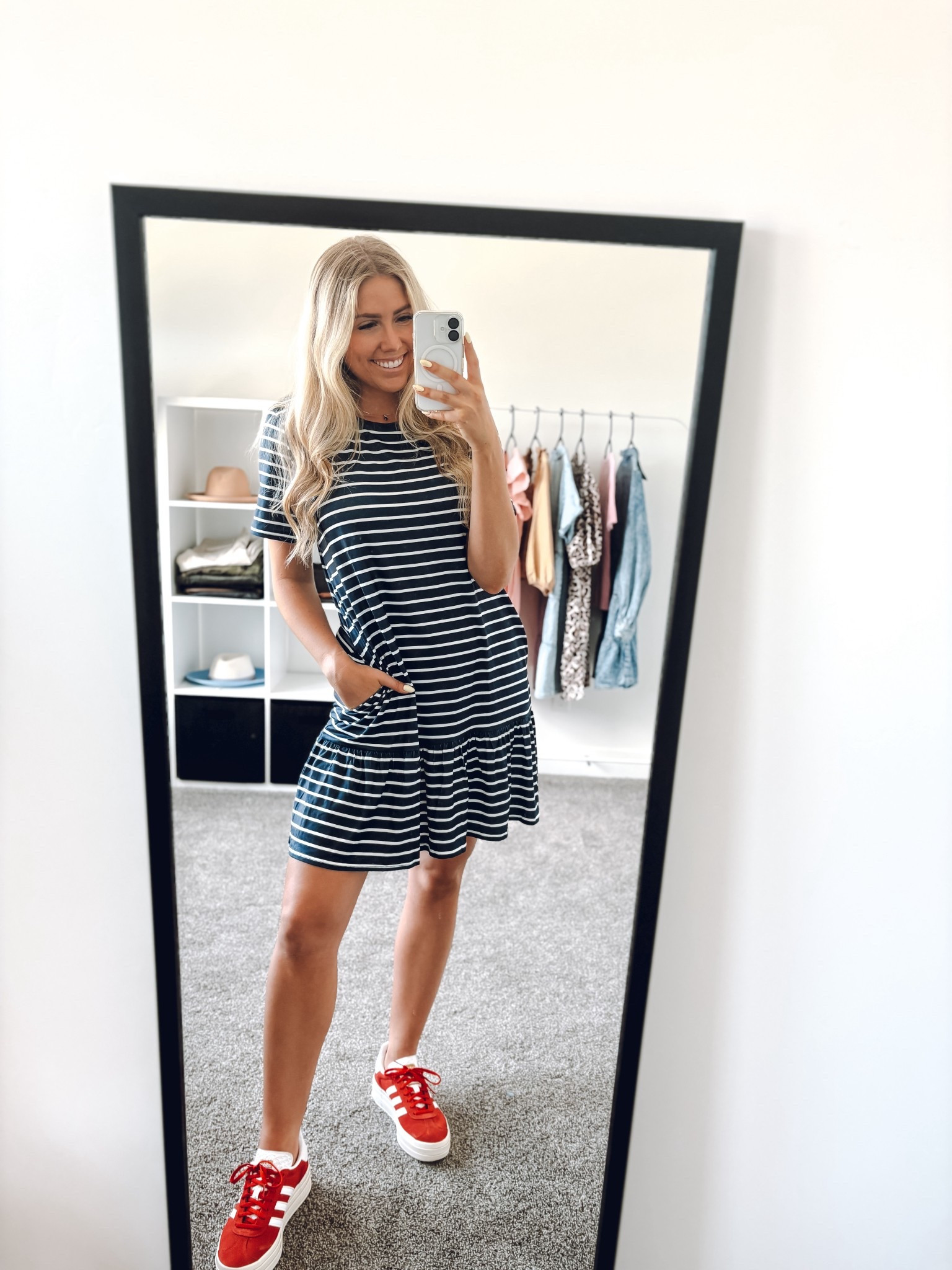 navy white striped dress: wearing usual size M
red adidas: true to size 

Memorial Day outfit | Fourth of July outfit | patriotic outfit | summer outfit 

#LTKFindsUnder100 #LTKSeasonal